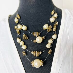 Chico’s Multi Strand Faux Pearl Necklace Gold Tone Vintage Style